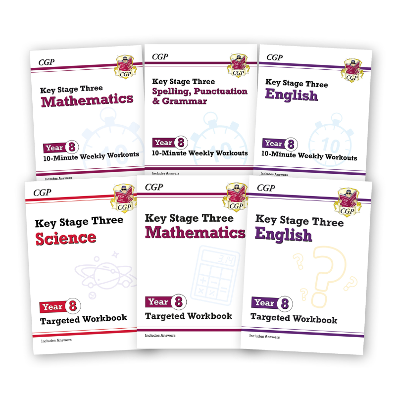 Year 8 Maths, English & Science, 6 Workbook Bundle for ages 12-13 KS3