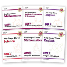 Load image into Gallery viewer, Year 9 Maths, English &amp; Science, 6 Workbook Bundle for ages 13 -14 KS3