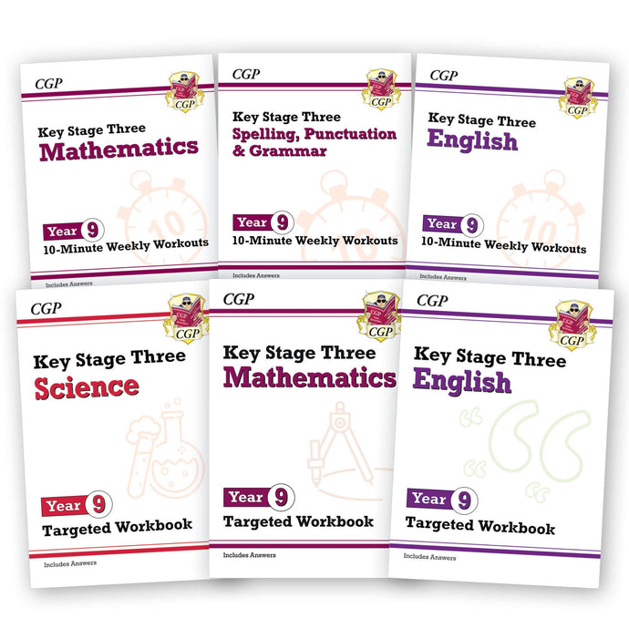 Year 9 Maths, English & Science, 6 Workbook Bundle for ages 13 -14 KS3